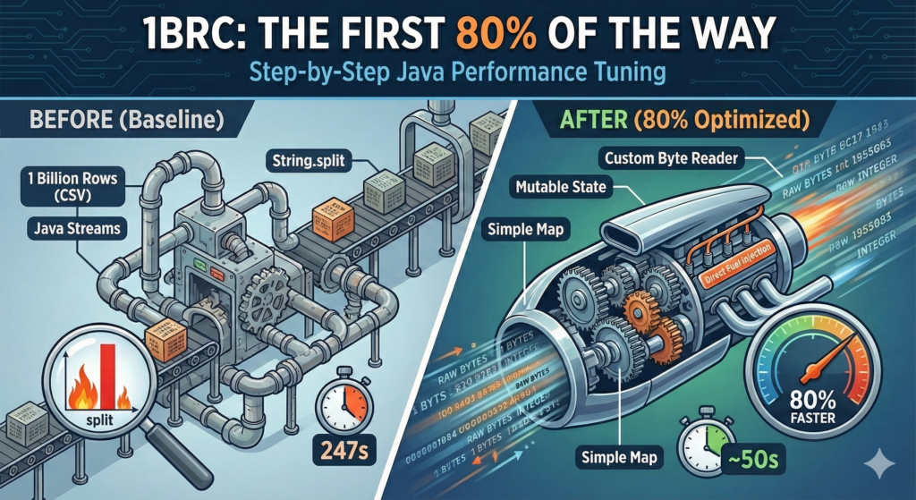 A technical diagram titled &ldquo;1BRC: THE FIRST 80% OF THE WAY Step-by-Step Java Performance Tuning&rdquo;. The left side, labeled &ldquo;BEFORE (Baseline)&rdquo;, shows a complex machine with pipes and gears processing &ldquo;1 Billion Rows (CSV)&rdquo; using &ldquo;Java Streams&rdquo; and &ldquo;String.split&rdquo;. A stopwatch reads &ldquo;247s&rdquo;. A magnifying glass shows a graph with a large &ldquo;split&rdquo; bar. The right side, labeled &ldquo;AFTER (80% Optimized)&rdquo;, shows a sleek, powerful jet engine with &ldquo;Custom Byte Reader&rdquo;, &ldquo;Mutable State&rdquo;, and &ldquo;Simple Map&rdquo; labels, processing &ldquo;RAW BYTES&rdquo; and &ldquo;INTEGER&rdquo; data. A speedometer points to &ldquo;80% FASTER&rdquo;. A stopwatch reads &ldquo;~50s&rdquo;