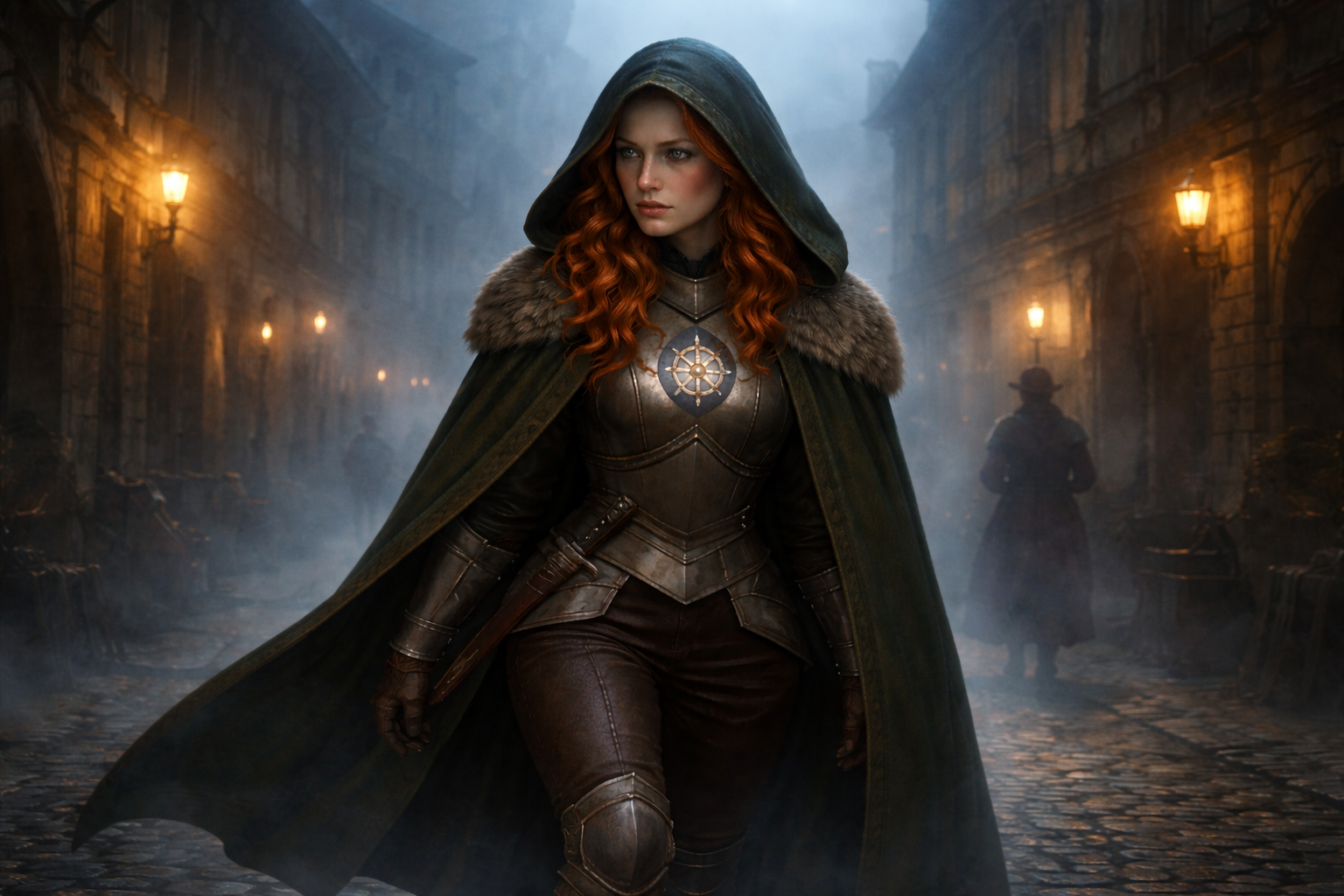 Woman with a hood and red hair and a plate armor walking in the streets of Freiburg in 1865