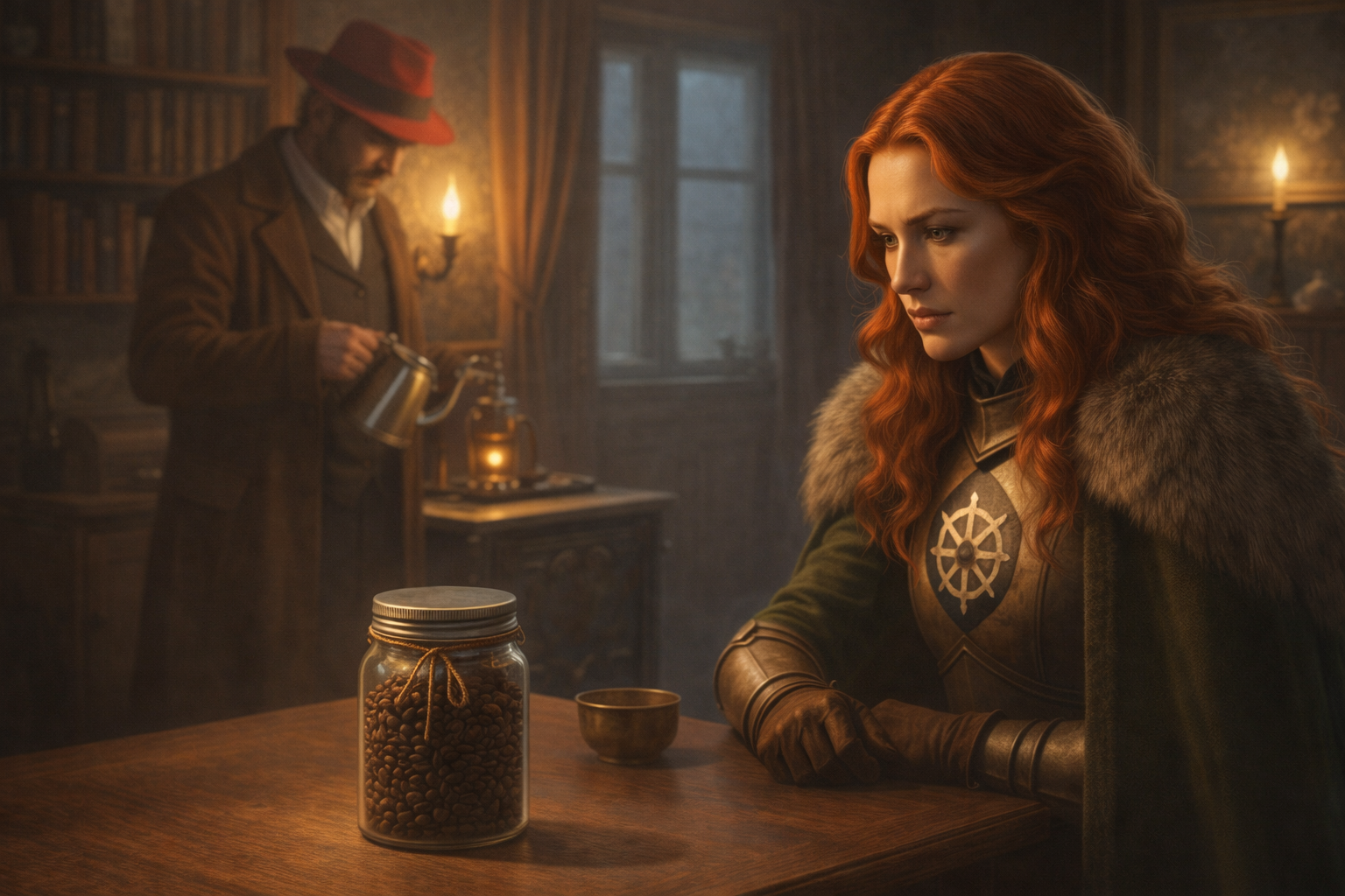 A woman is staring at a coffee jar on the table. In the background, a man with a red fedora is making coffee.