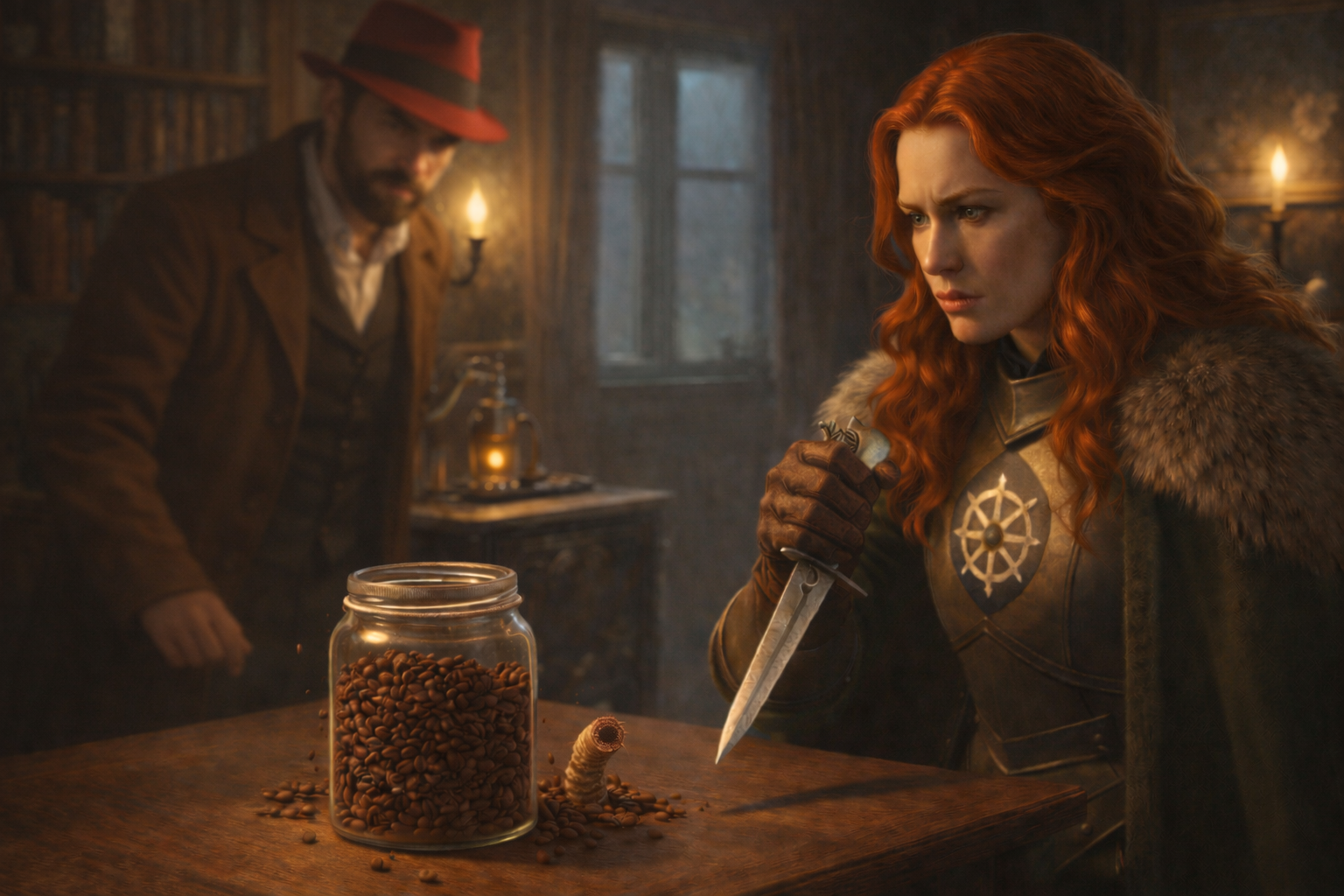 Woman is sitting at the table, the coffee jar is open and a worm in the shape of Shai Hulud is crawling out. The man with the red hat is in the distance.