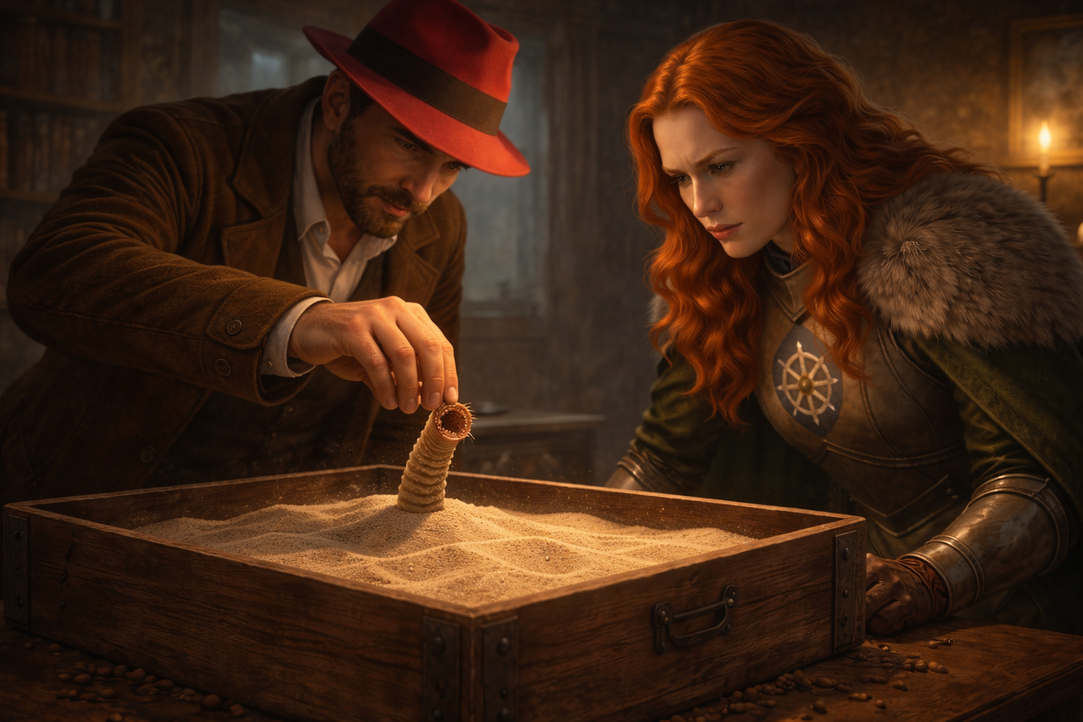 The man with red fedora is placing the worm in a box full of sand. The woman with red hair is looking closely.