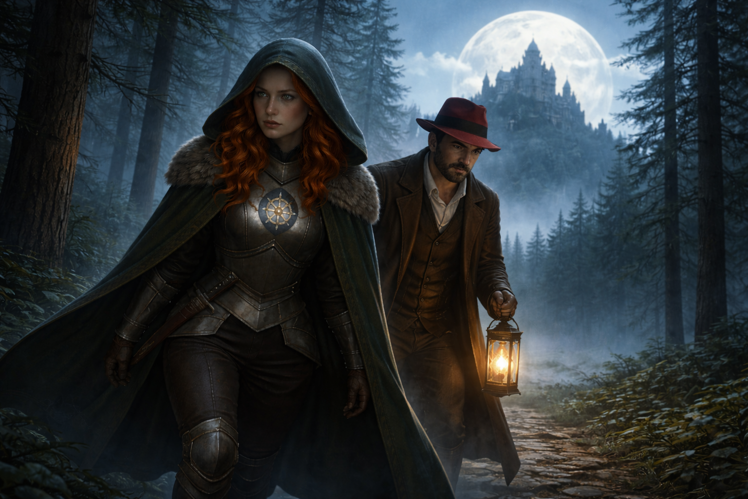 The woman with hood and red hair is walking in the Black Forest, with the man with the red fedora following her behind. There is a castle in the distance on top of the hill.
