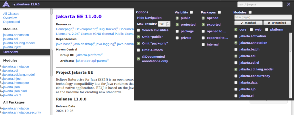 Filtering by access level, exposure and module selection.