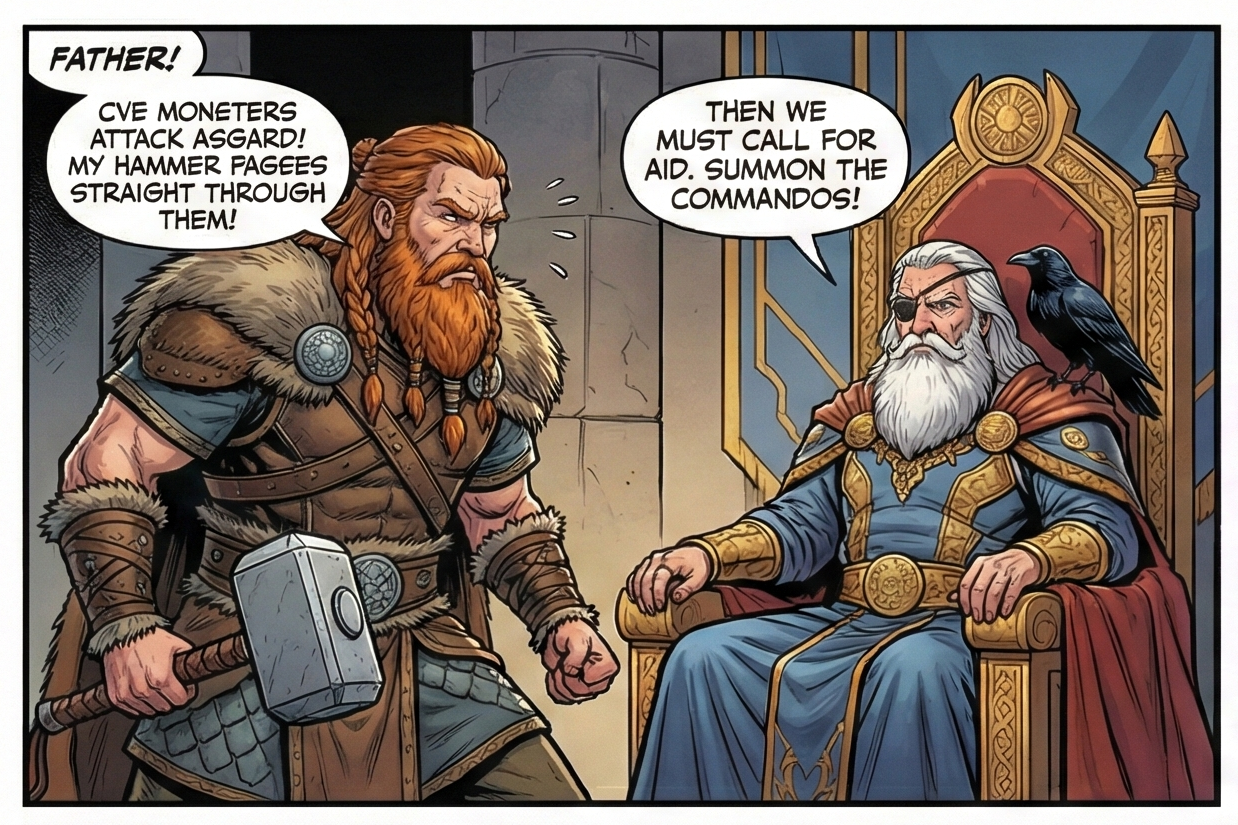 Thor tells Odin that CVEs have breached Asgard. Odin suggests summoning Docker Commandos.