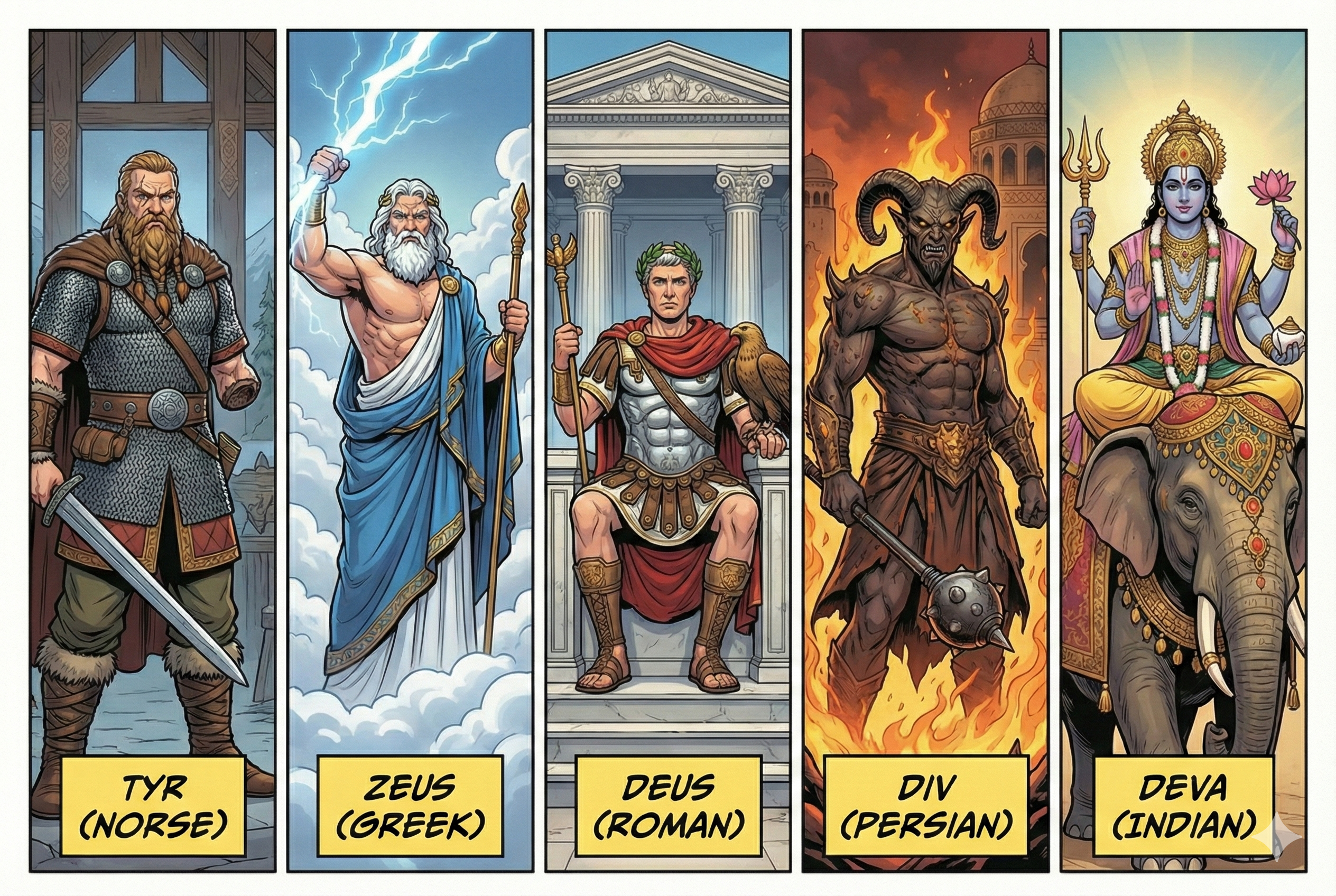 Tyr (Norse), Zeus (Greek), Deus (Roman), Div (Persian), Deva (Indian)