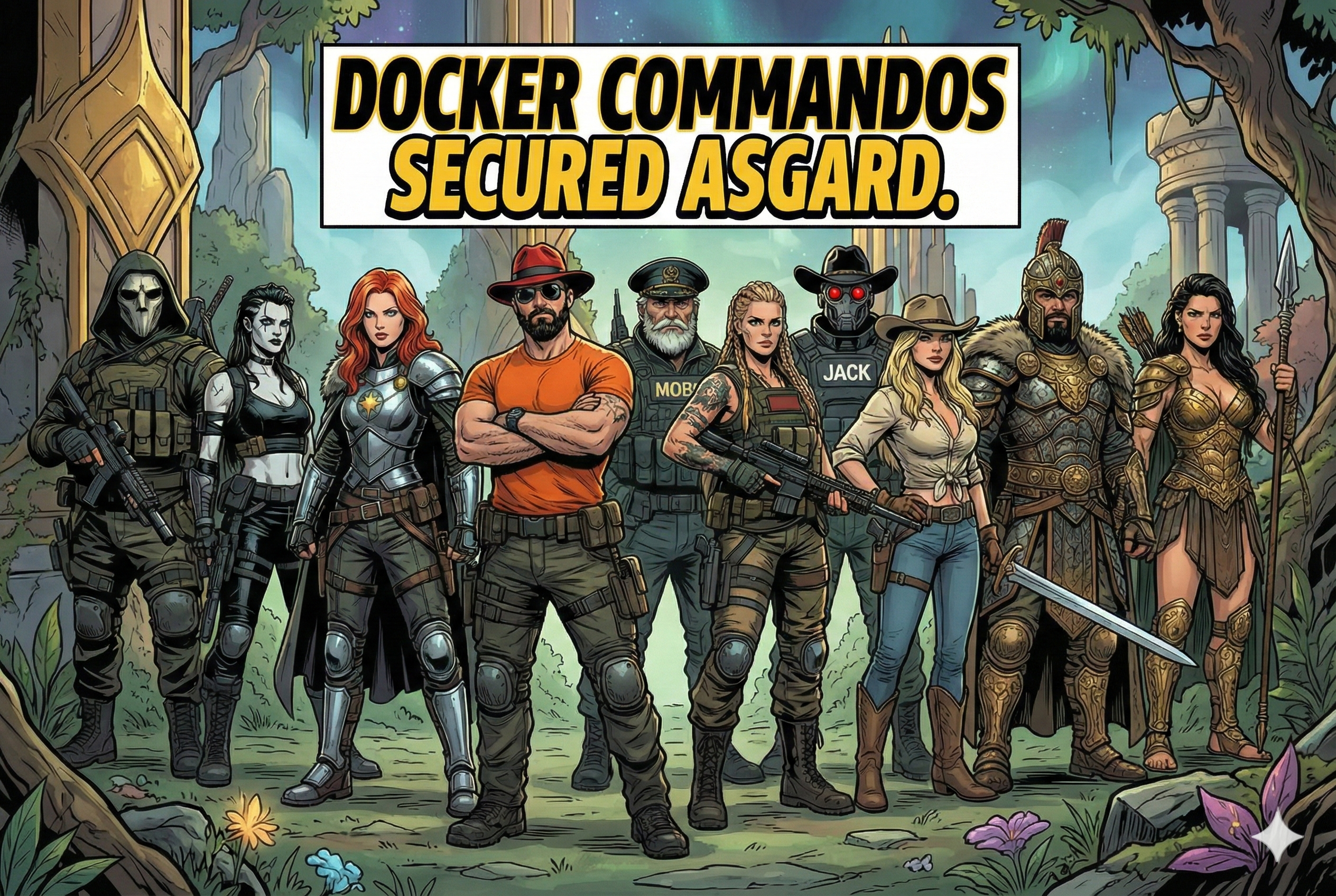 10 Docker Commandos standing in a row