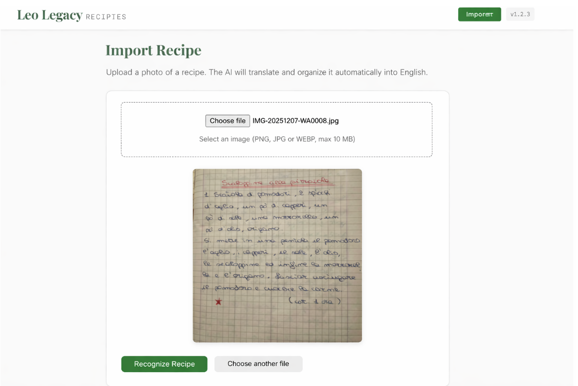 Screenshot of the Leo Legacy recipe importer page. At the top is a large upload area for an image file, and below it a preview of a handwritten recipe on squared notebook paper. Green buttons let the user start recipe recognition or choose another image.