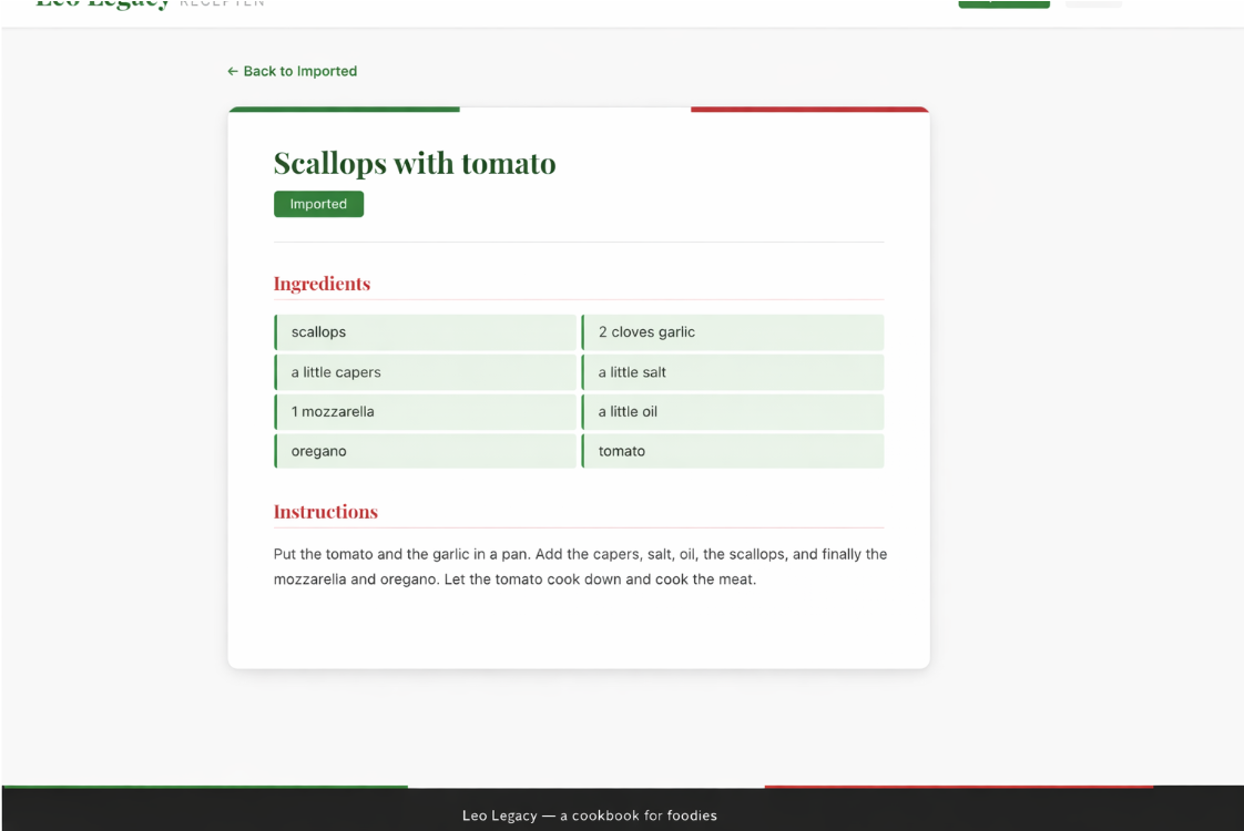 Screenshot of the final Leo Legacy recipe page for “Scallops with tomato.” The page shows a green imported label, a structured ingredients section in two columns, and a preparation section with the cooking instructions in full sentences.