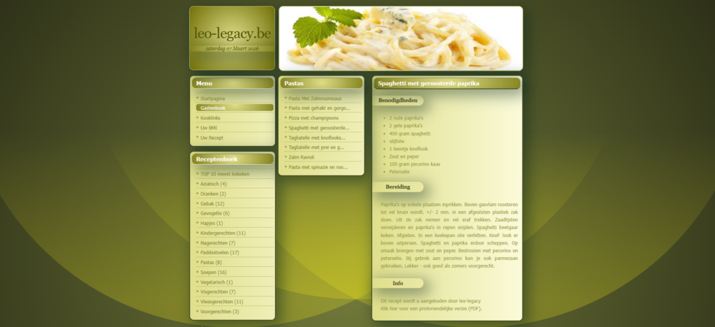 This image shows a recipe website with a very clear early 2000s look and feel. The page uses an olive-green and yellow color palette, glossy gradient panels, rounded content boxes, and a decorative pasta banner across the top. The layout is split into multiple fixed-width columns: navigation on the left, recipe categories in the middle, and the selected recipe content on the right. The branding “leo-legacy.be” sits prominently in the header, giving it the feel of a personal or family-made website from that era. The menu structure, dense sidebars, beveled buttons, and textured backgrounds all reinforce that nostalgic pre-modern-web style. The recipe shown, “Spaghetti met geroosterde paprika,” includes ingredients and preparation steps in a simple, content-heavy layout typical of websites built before minimalist design became common.