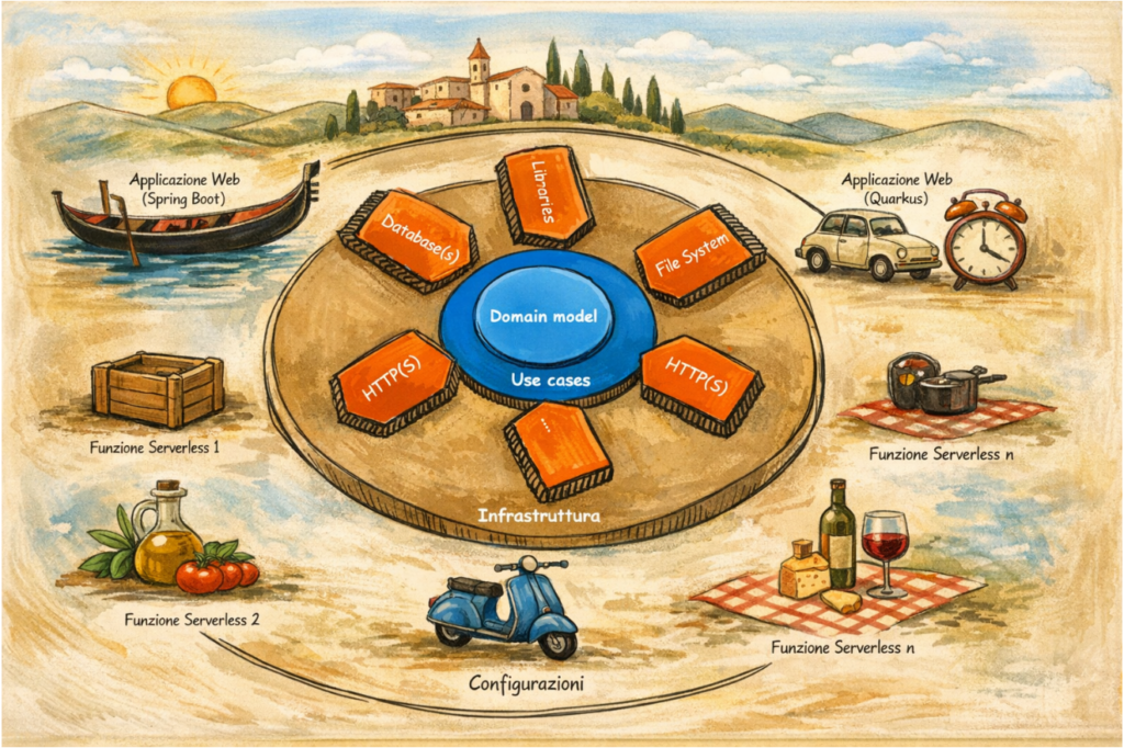 Image of clean architecture diagram in an Italian countryside style. A blue center circle labeled domain model and use cases is surrounded by orange blocks for databases, libraries, file system, and HTTP, with web applications and serverless functions drawn around the outside.