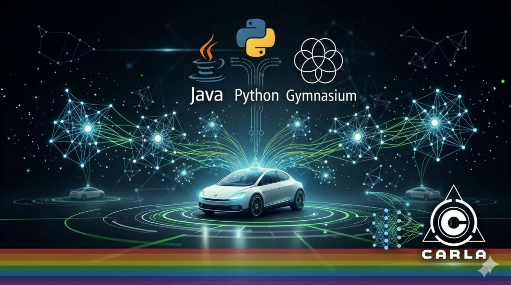Java, Python and Gymnasium logos with Car in the center, CARLA Simulator&rsquo;s logo on the bottom right