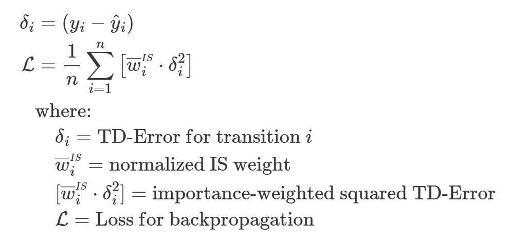 PER loss formula: mean of the squared TD errors, each weighted by its normalized importance-sampling weight