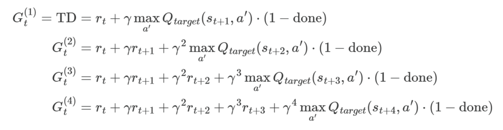 Comparison of the one-step TD target with 2-, 3- and 4-step returns, each adding one more discounted reward before the bootstrap term