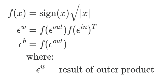 Factorized noise formulas: f(x) as sign of x times square root of its absolute value; weight noise as outer product of output and input noise