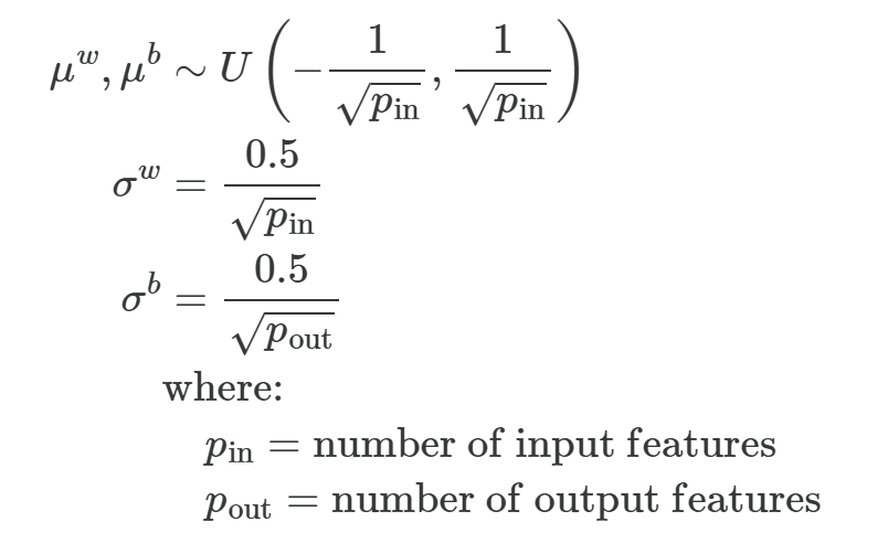 Noisy network initialization: means drawn uniformly from plus or minus one over square root of input features, sigmas set to 0.5 over square root of input or output features