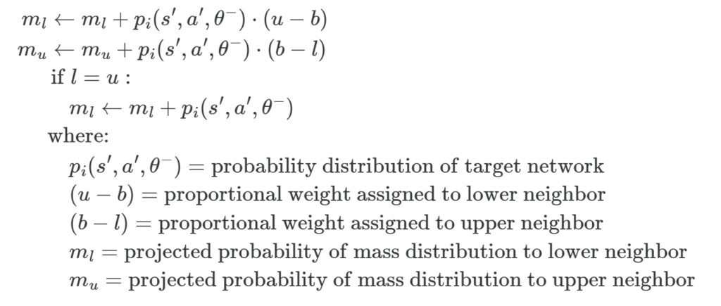 Formulas for redistributing the target probability mass of each projected atom to its lower and upper neighbor atoms in proportion to their distance