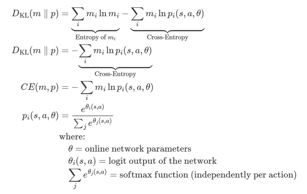 KL divergence formula split into target entropy and cross-entropy, reduced to cross-entropy, with the softmax that turns network logits into atom probabilities