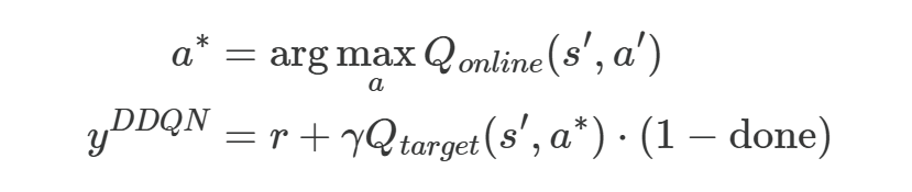 Double DQN formula: the online network selects the best next action, the target network evaluates it to form the target value