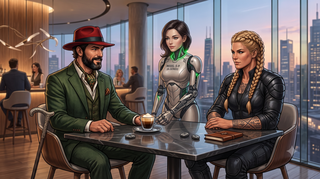 A man in a red fedora and green suit sits across from a blonde braided woman in an armored jacket at a high-rise café table, as a humanoid robot waitress serves him an espresso macchiato against a dusk skyline