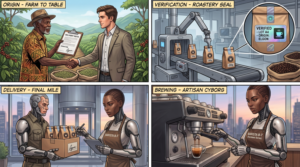 A four-panel comic of the coffee supply chain: a farmer signing a delivery note at origin, a roastery applying a holographic VERIFIED seal to each bag, a cyborg courier handing off a box on the final mile, and a cyborg barista pulling the final espresso shot