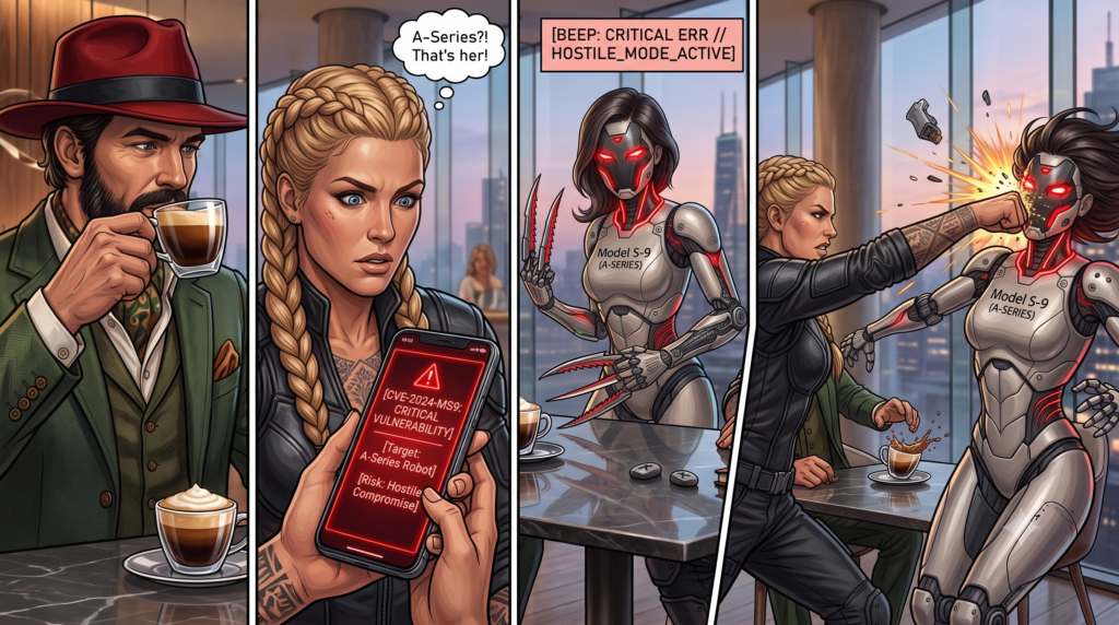 A four-panel comic: the man sips his macchiato while the braided woman spots a phone alert reading CVE-2024-MS9 Critical Vulnerability, Target A-Series Robot, Risk Hostile Compromise; the robot waitress switches to HOSTILE_MODE_ACTIVE with red eyes and blade claws; the woman knocks the rogue robot out with a punch