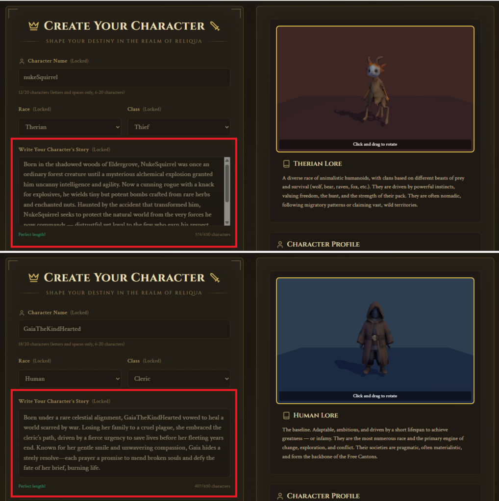 Ingame Screenshot: Ein Menü, in dem Spieler ihre Charaktere erstellen können. Rot eingerahmt: ein großes Textfeld für die Hintergrundgeschichte des Charakters. Das Bild zeigt zwei Beispiele. Spieler &ldquo;Nuke Squirrel&rdquo; hat eine lustige, &ldquo;Gaia The Kind Hearted&rdquo; eine ernstere Geschichte generiert bekommen.