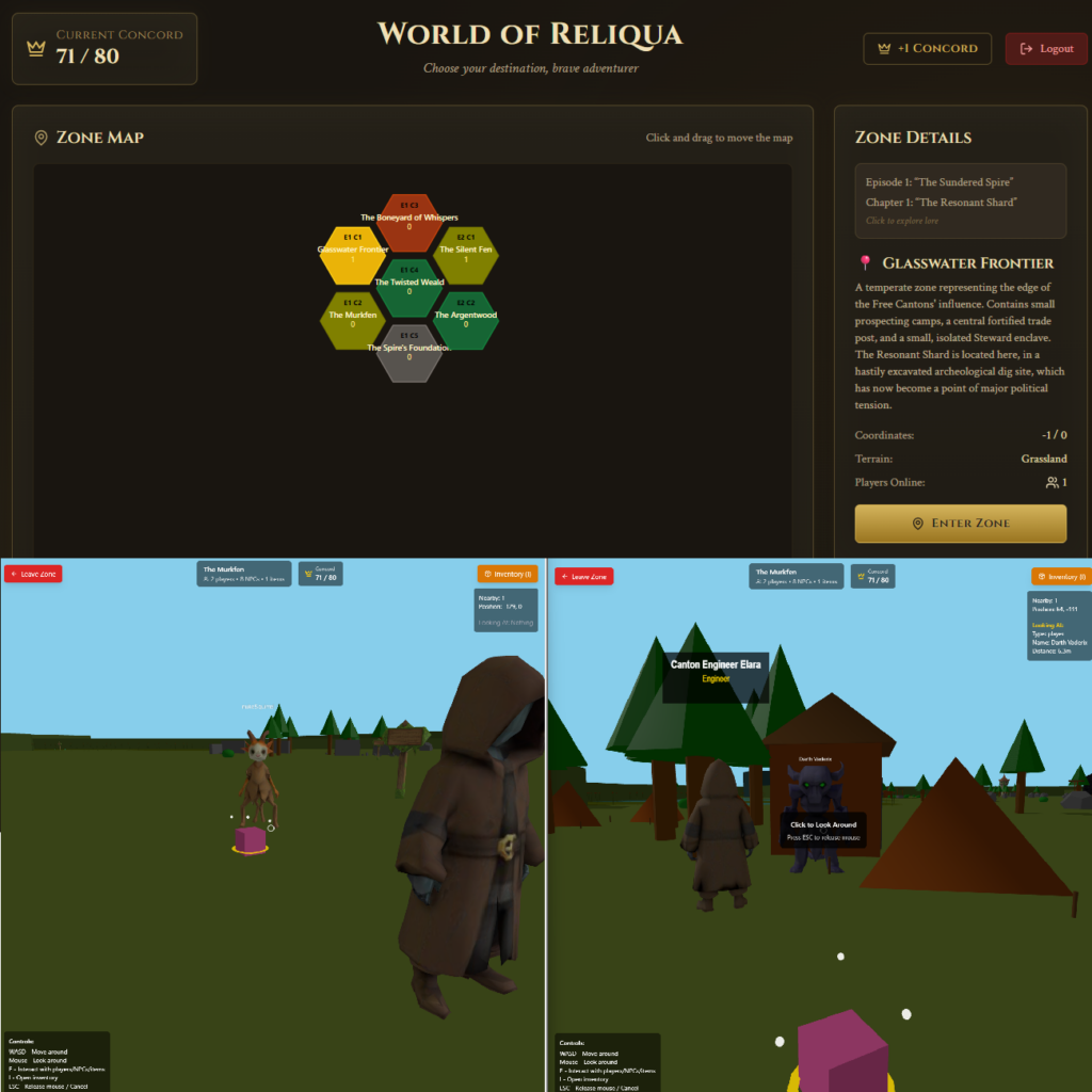 Ingame Screenshot, zweigeteilt. Oben: das Hauptmenü symbolisiert im Zentrum mit hexagonalen Flächen die Zonen der Spielwelt. In der rechten Spalte steht Story Telling der Zonendetails. Unten: die 3D-Welt in einer Zone.