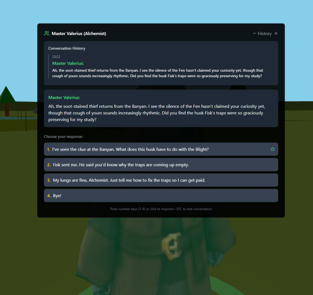 Ingame Screenshot: D erNPC &ldquo;Master Valerius (Alchemist)&rdquo; begrüßt den Spieler. Im Dialogfenster gibt es Vier KI-generierte Antwortoptionen für den Spieler.