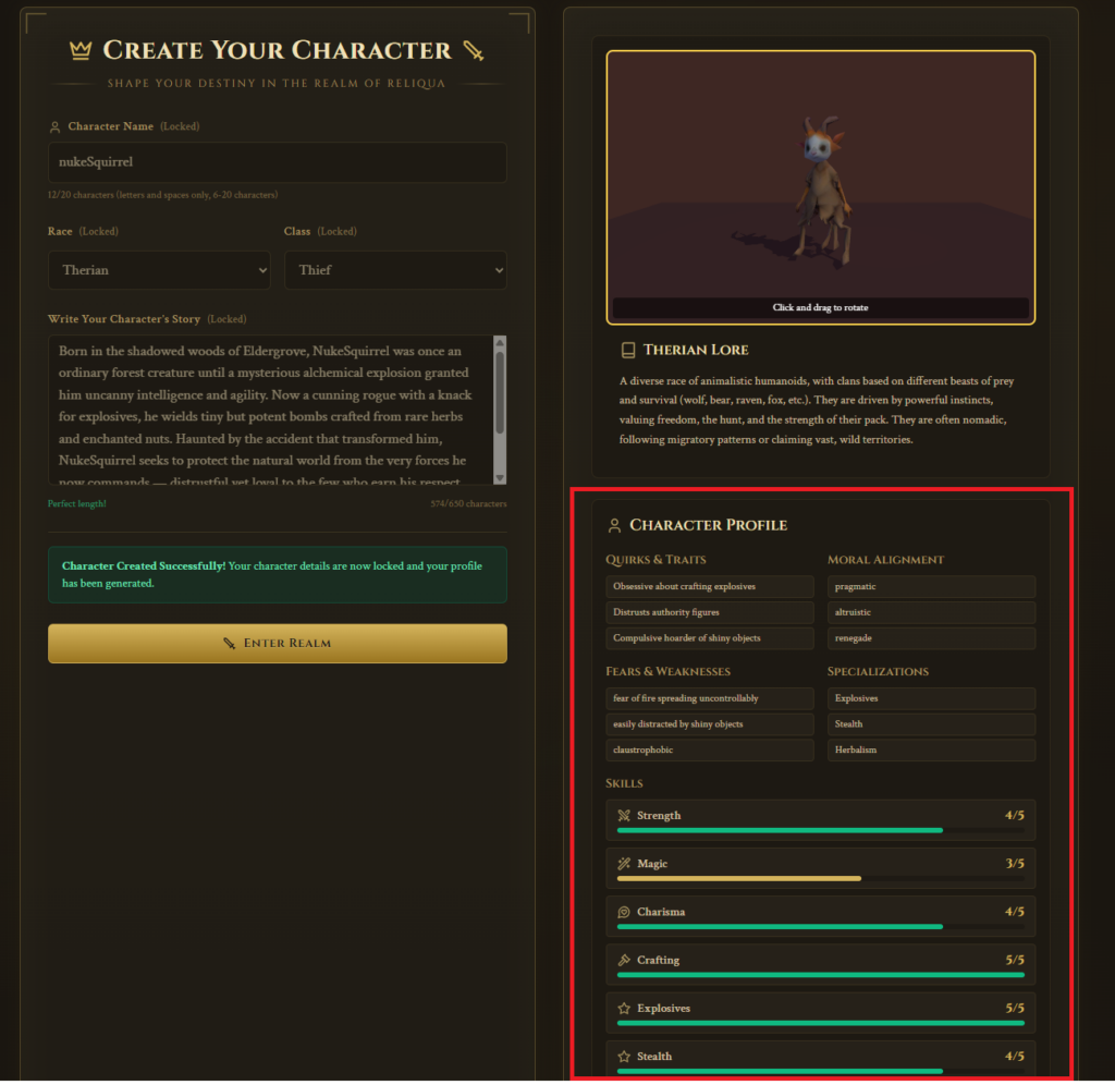 Ingame Screenshot: Im Menü zur Charaktererstellung wurden von der KI Charaktereigenschaften für Spieler &ldquo;Nuke Squirrel&rdquo; aus dessen Hintergrundgeschichte abgeleitet: - Quirks & Traits - Moral Alignment - Fears & Weaknesses - Specializations - Skills Innerhalb der Kategorien stehen von der KI erdachte Freitexte wie &ldquo;Compulsive hearder of shiny objects&rdquo; oder &ldquo;Fear of fire spreading uncontrollably&rdquo;