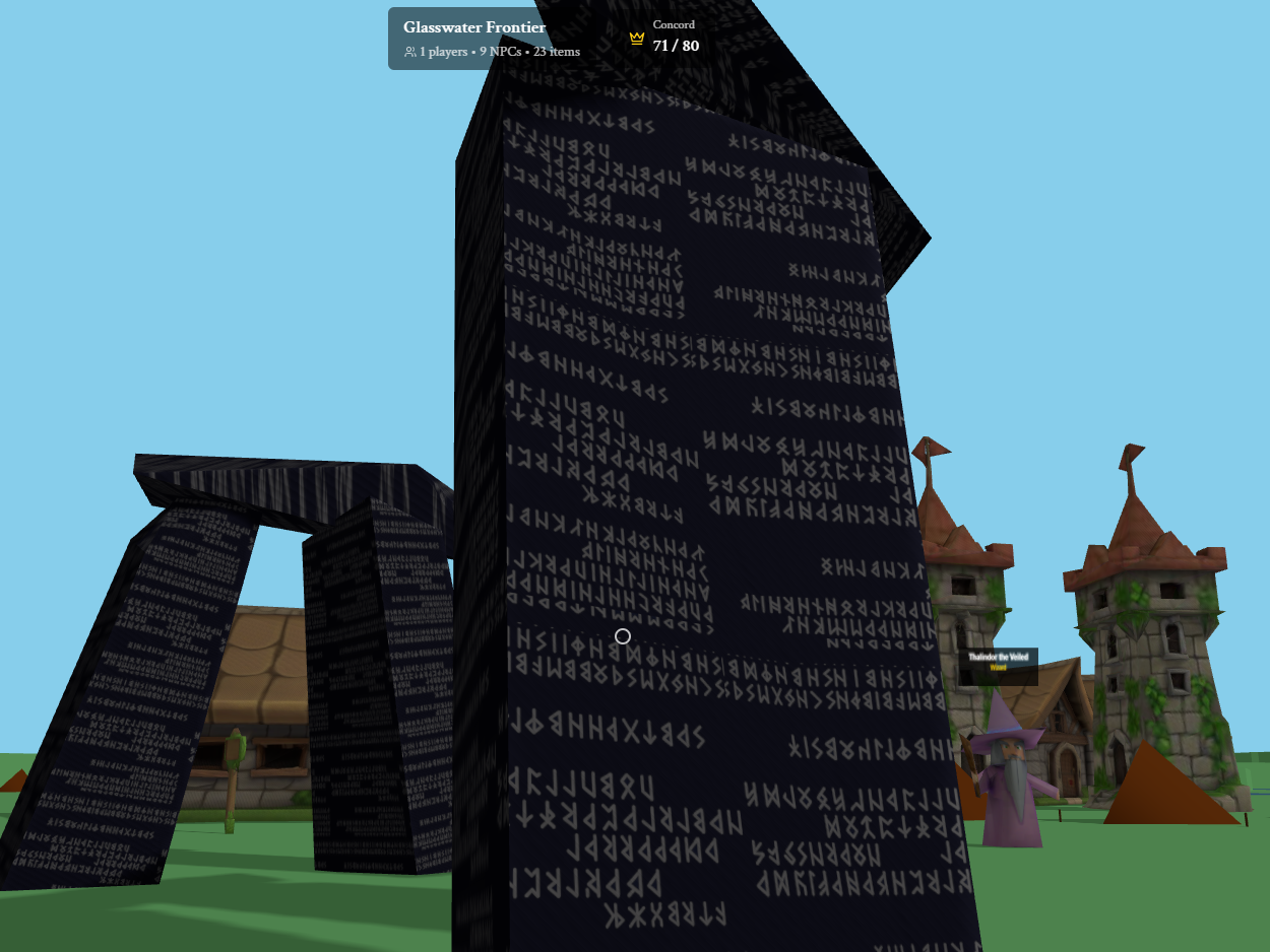 Ingame Screenshot: Große Monolithen mit einer fiktiven Runen-Sprache bemalt. Im Hintergrund Mittelalter Fantasy Welt: Wachtürme, Häuser, ein Zauberer? Grafik sehr prototypisch, Low-Poly, sketchy. 